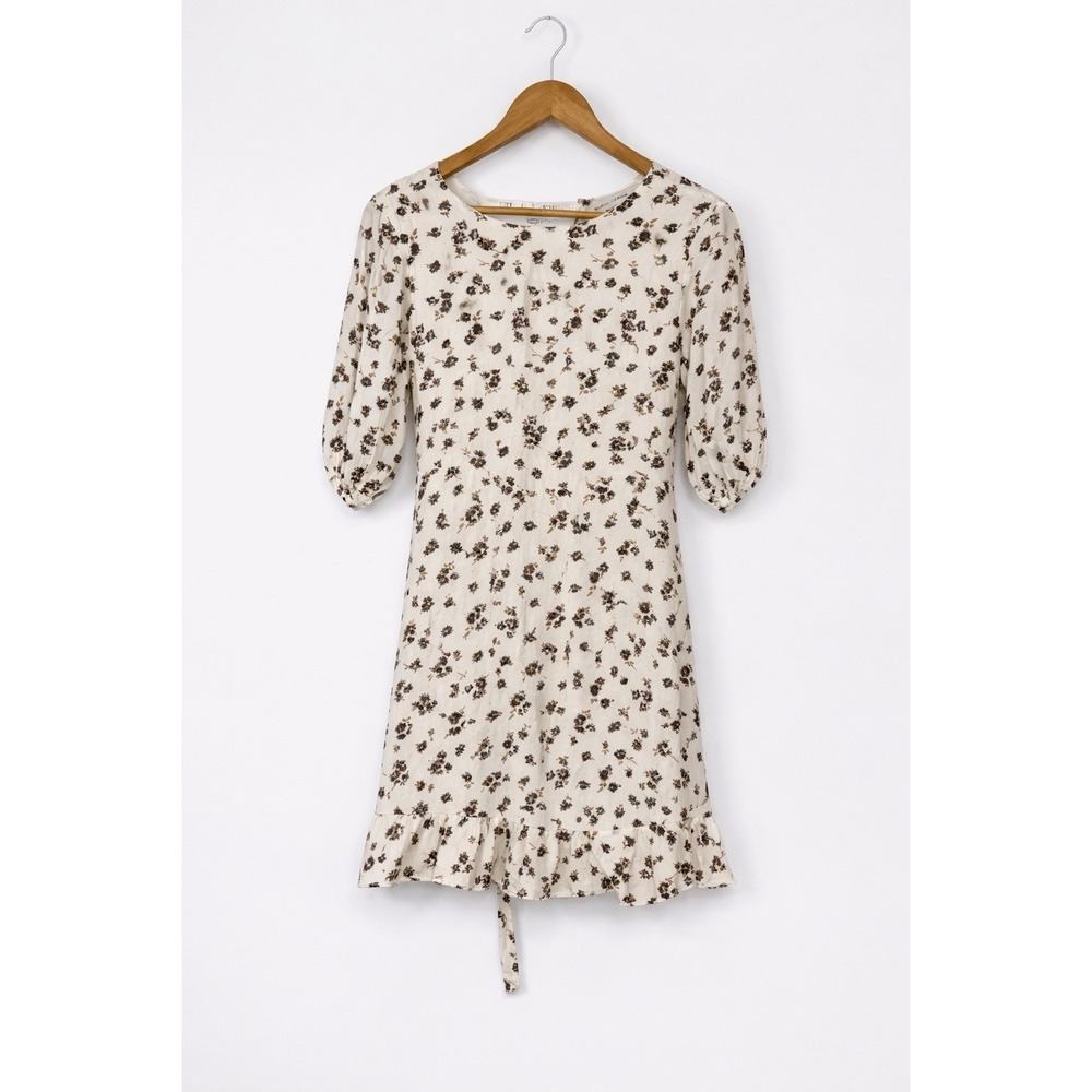Faithfull The Brand Floral Mini Dress XS Puff Sleeve Cream Boho Summer